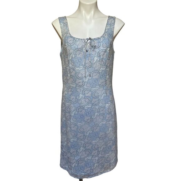 Vintage 90s Silk Blue Paisley Sheath Dress Lightweight Cocktail Mini Sleeveless - Picture 1 of 9